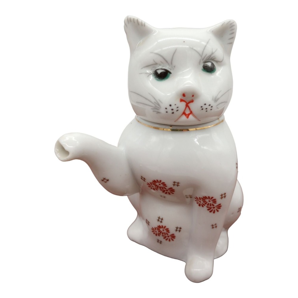 VTG Lucky Cat Teapot Creamer White Floral Porcelain China Gold Gilt Single Serve